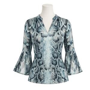 Elie Tahari Snake Print V Neck Bell Sleeve Top - Size Small